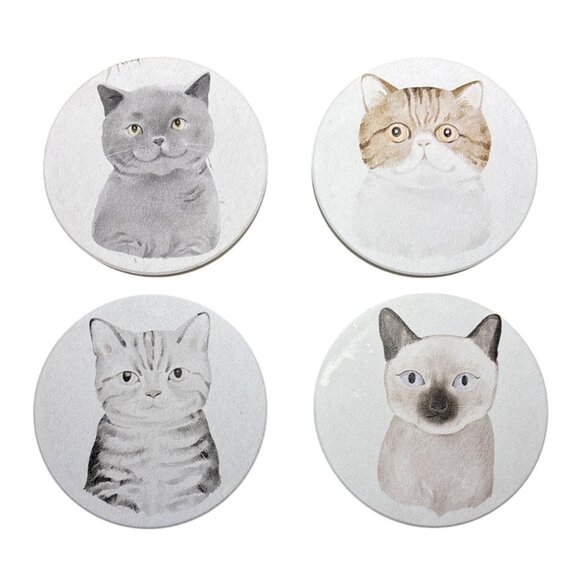 Cat Themed Coasters Ceramic Set Of 4 Round With Watercolor Design - Picture 1 of 8